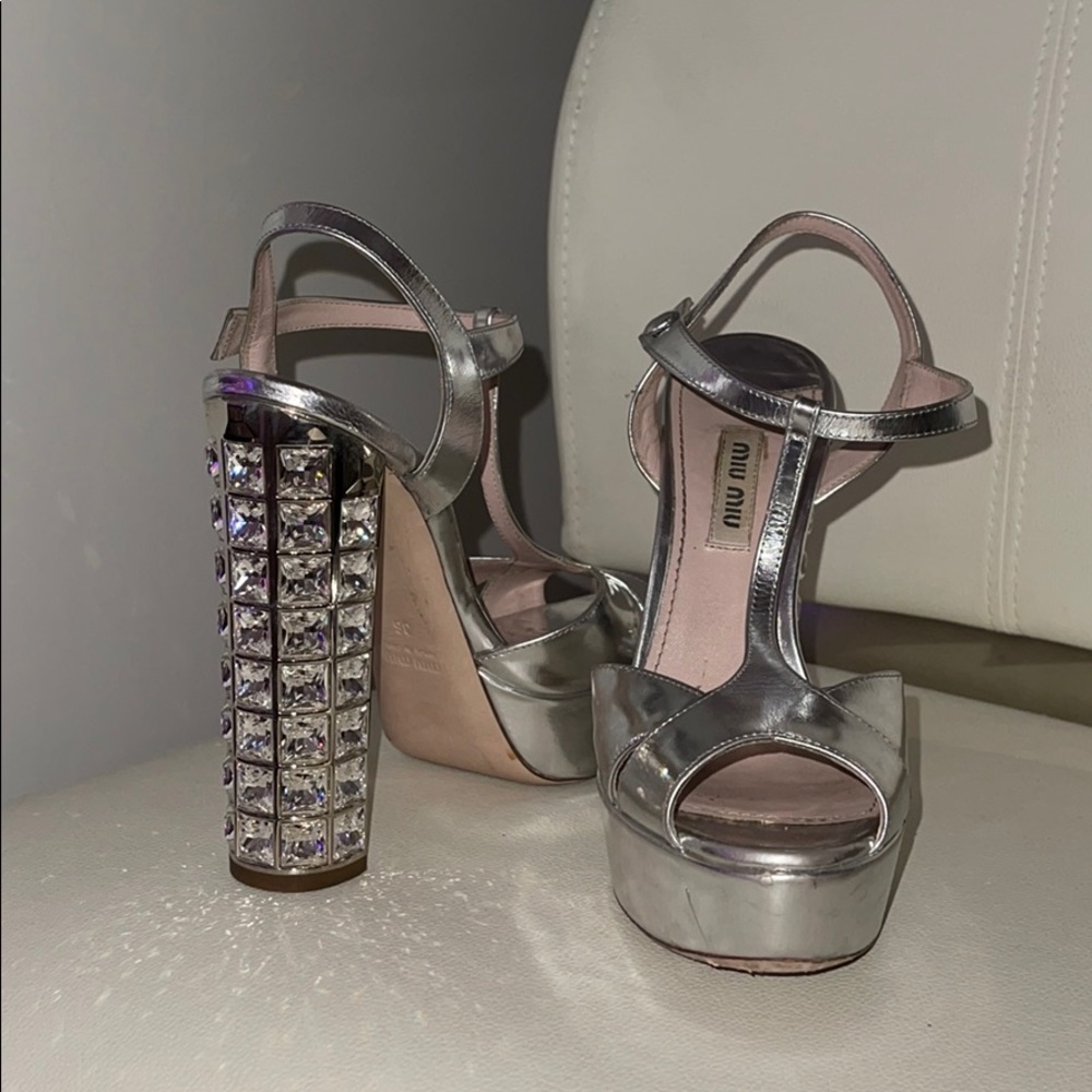 Silver MIU MIU heels with stones, platforms